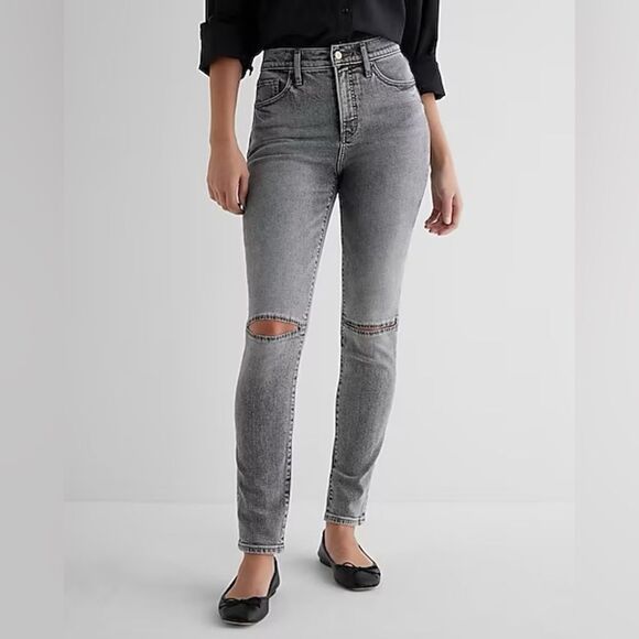 Express NWT High Waisted Gray Wash Knee Cutout '90s Skinny Jeans Size 8 - Picture 1 of 16